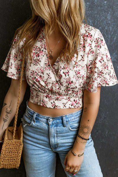 Pink Floral Print V Neck Wrapped Cropped Blouse - L & M Kee, LLC