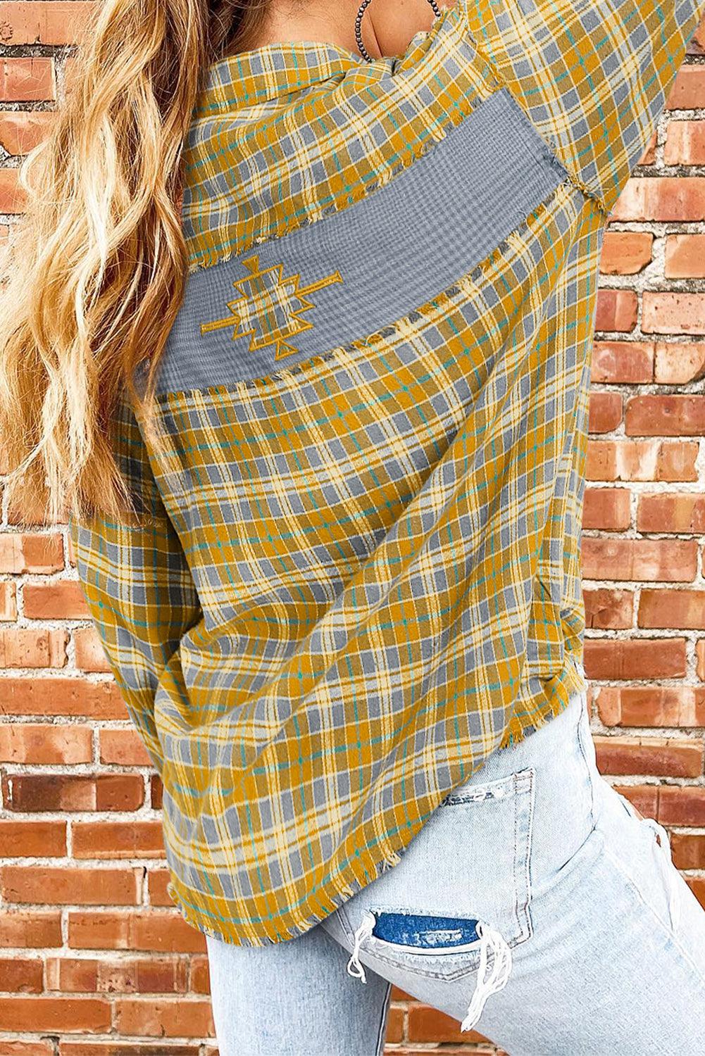 Plaid Embroidery Patch Button-Down Shacket - L & M Kee, LLC