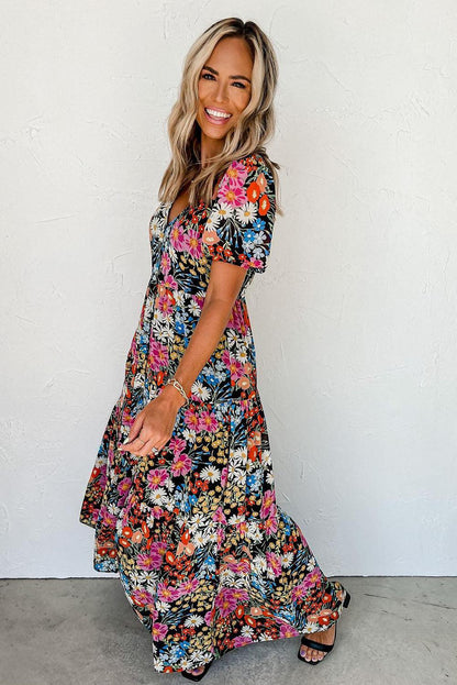 Short Sleeve Boho Floral Pattern Tiered Maxi Dress - L & M Kee, LLC