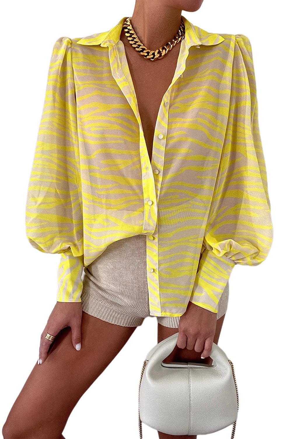 Yellow Zebra Stripes Print Lantern Sleeve Shirt - L & M Kee, LLC