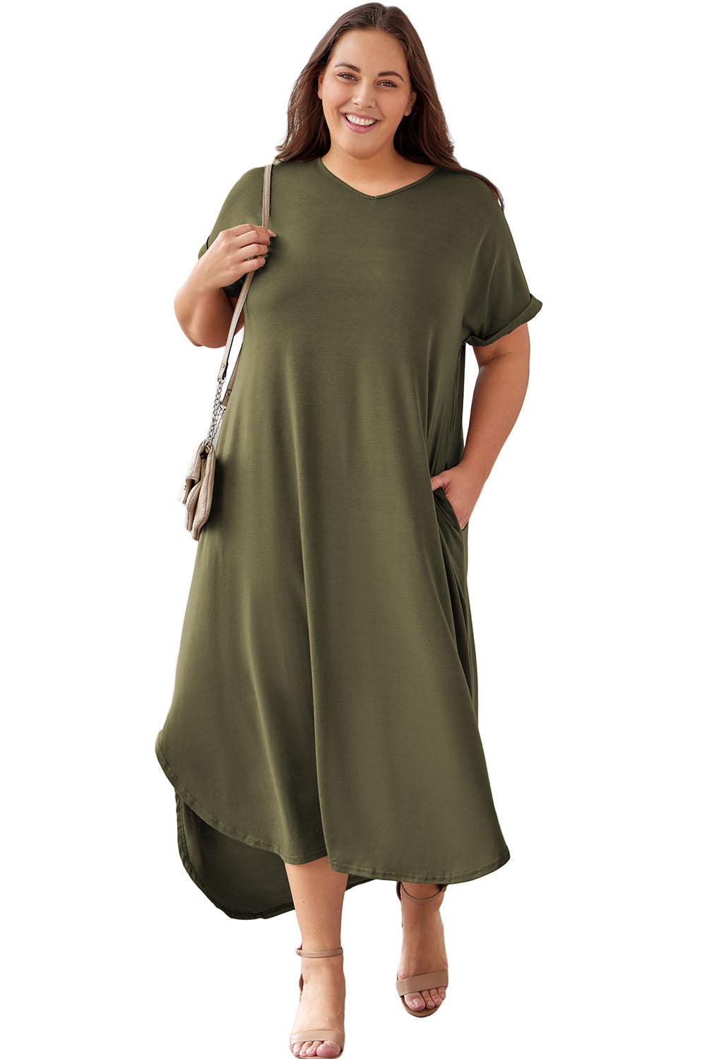 Plus Size V Neck Rolled Cuffs Maxi Dress - L & M Kee, LLC