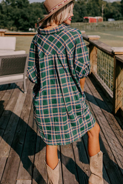 Green Oversized Plaid Half Sleeve Tunic Shirt - L & M Kee, LLC