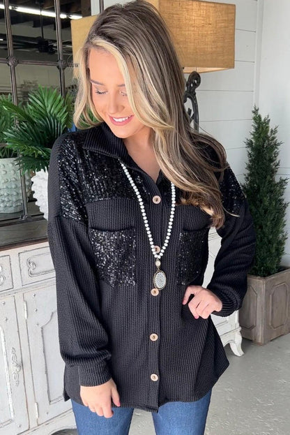 Black Sequin Patch Chest Pocket Corded Shacket - L & M Kee, LLC