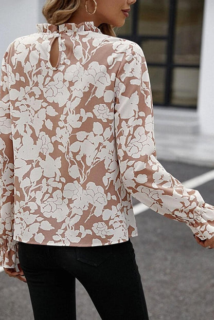 Flaxen Floral Print Frilled Neckline Flounce Sleeve Blouse - L & M Kee, LLC