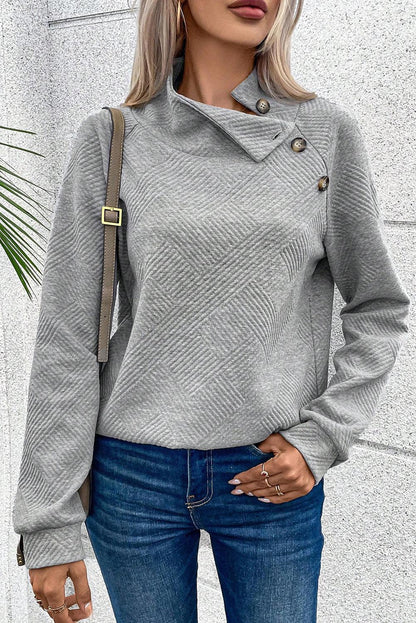 Gray Asymmetric Buttons Detail High Neck Textured Sweatshirt - L & M Kee, LLC