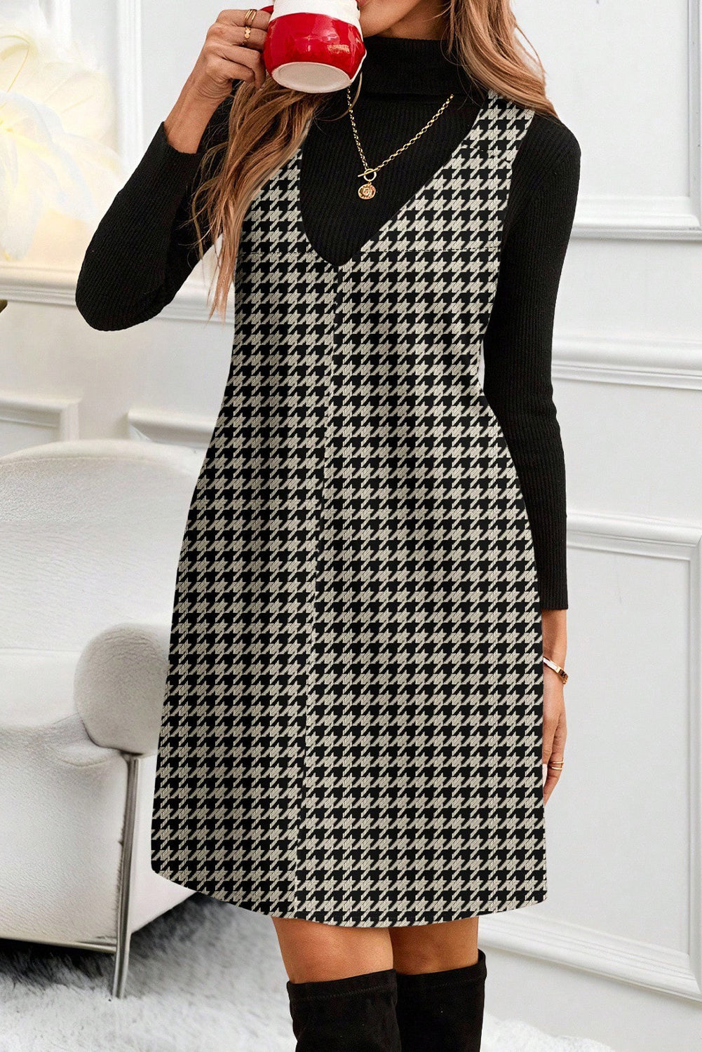 Red Houndstooth Print V Neck Sleeveless Mini Dress