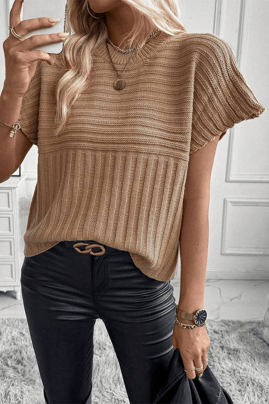Light French Beige Rib Knitted Wide Sleeve Sweater T Shirt - L & M Kee, LLC