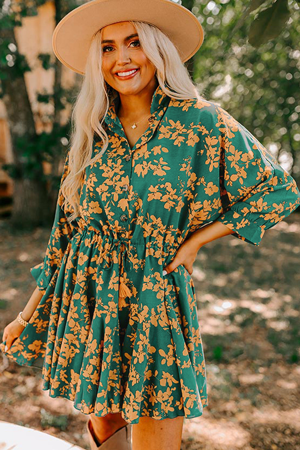 Green Floral Print Drawstring Tunic Flowy Short Dress