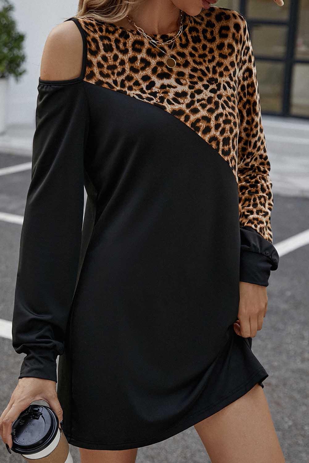 Black Asymmetric Cold Shoulder Leopard Colorblock Mini Dress - L & M Kee, LLC