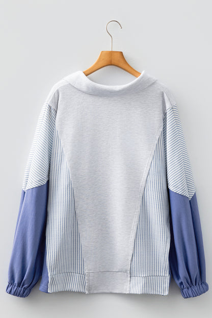 Light Grey Oversized Striped Colorblock Dolman Sleeve Collared Casual Top