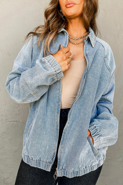 Myosotis Elastic Edge Collared Zip Up Denim Jacket With Pocket