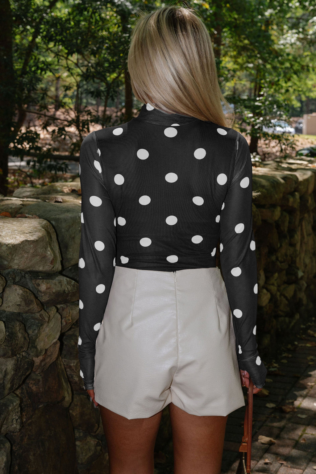 Black Vintage Polka Dot Print Mesh Long Sleeve Bodysuit