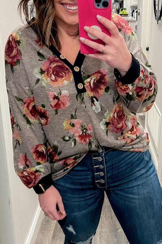 Gray Floral Long Sleeve Plus Size Henley Top - L & M Kee, LLC