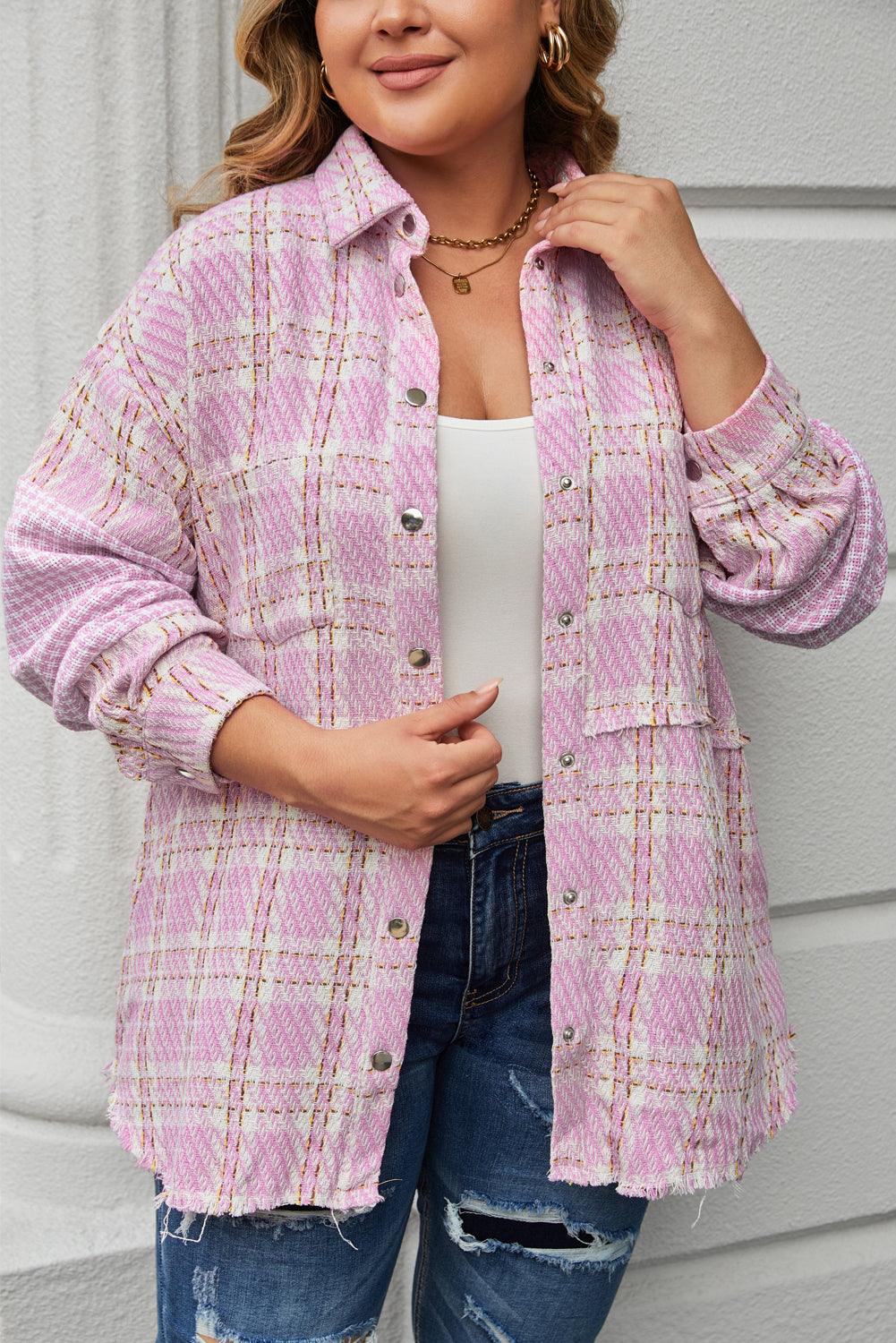 Pink Plus Size Tweed Plaid Houndstooth Print Jacket - L & M Kee, LLC