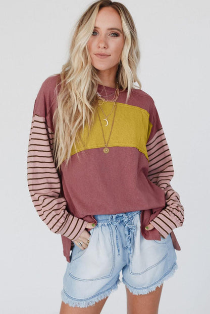 Red Colorblock Striped Bishop Sleeve Top - L & M Kee, LLC