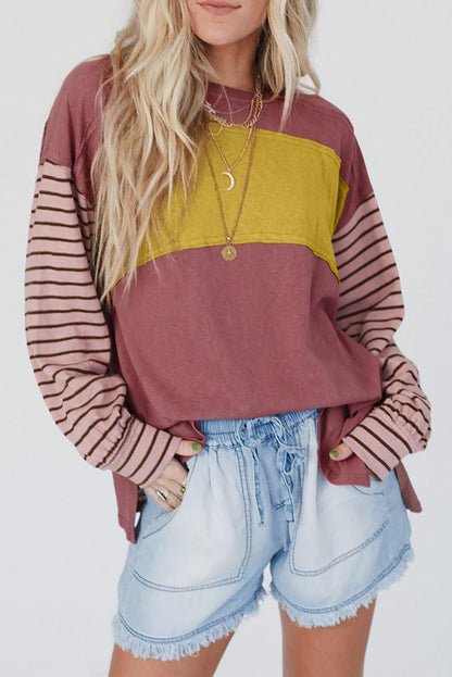 Red Colorblock Striped Bishop Sleeve Top - L & M Kee, LLC