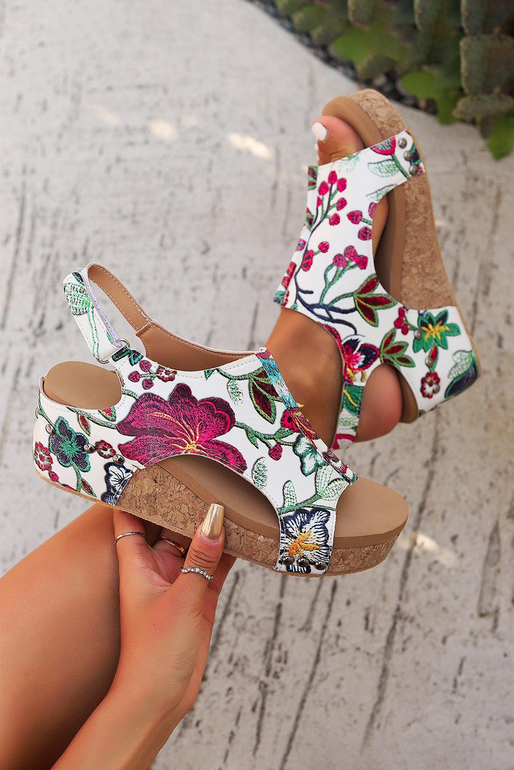 Floral PU Leather Hollow Out Rivet Wedge Sandals - L & M Kee, LLC