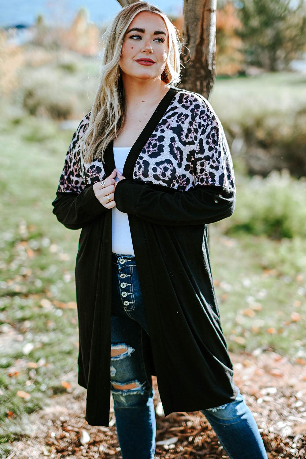 Red Printed Leopard Detail Plus Size Cardigan - L & M Kee, LLC