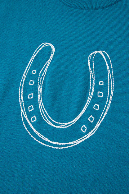 Light Blue Horse Shoe Embroidered Loose Short Sleeve Sweater