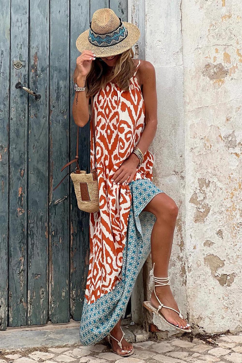 Boho Geometric Print Sleeveless Maxi Dress - L & M Kee, LLC