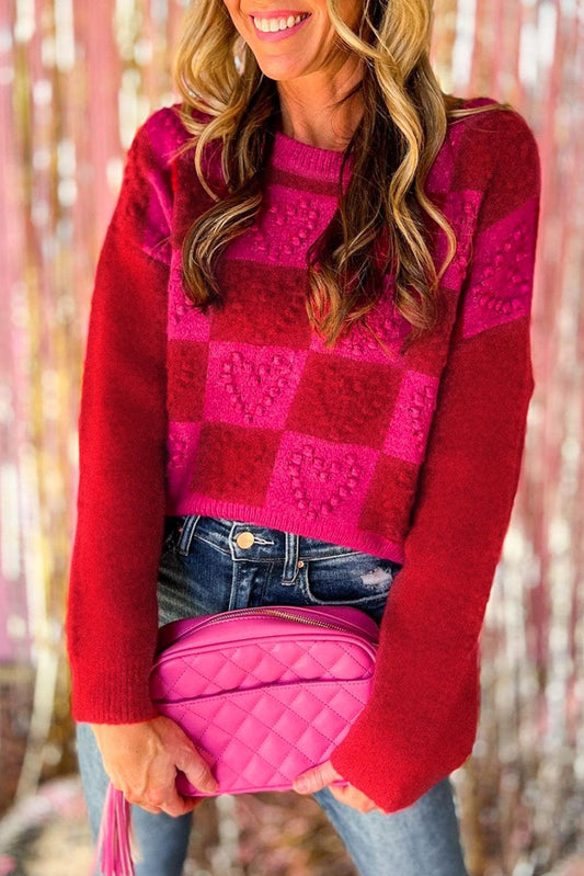 Multicolor Checkered Pattern Heart Detail Textured Sweater - L & M Kee, LLC