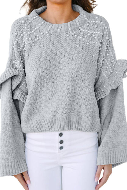 Gray Pearl Embellished Ruffle Wide Sleeve Sweater - L & M Kee, LLC