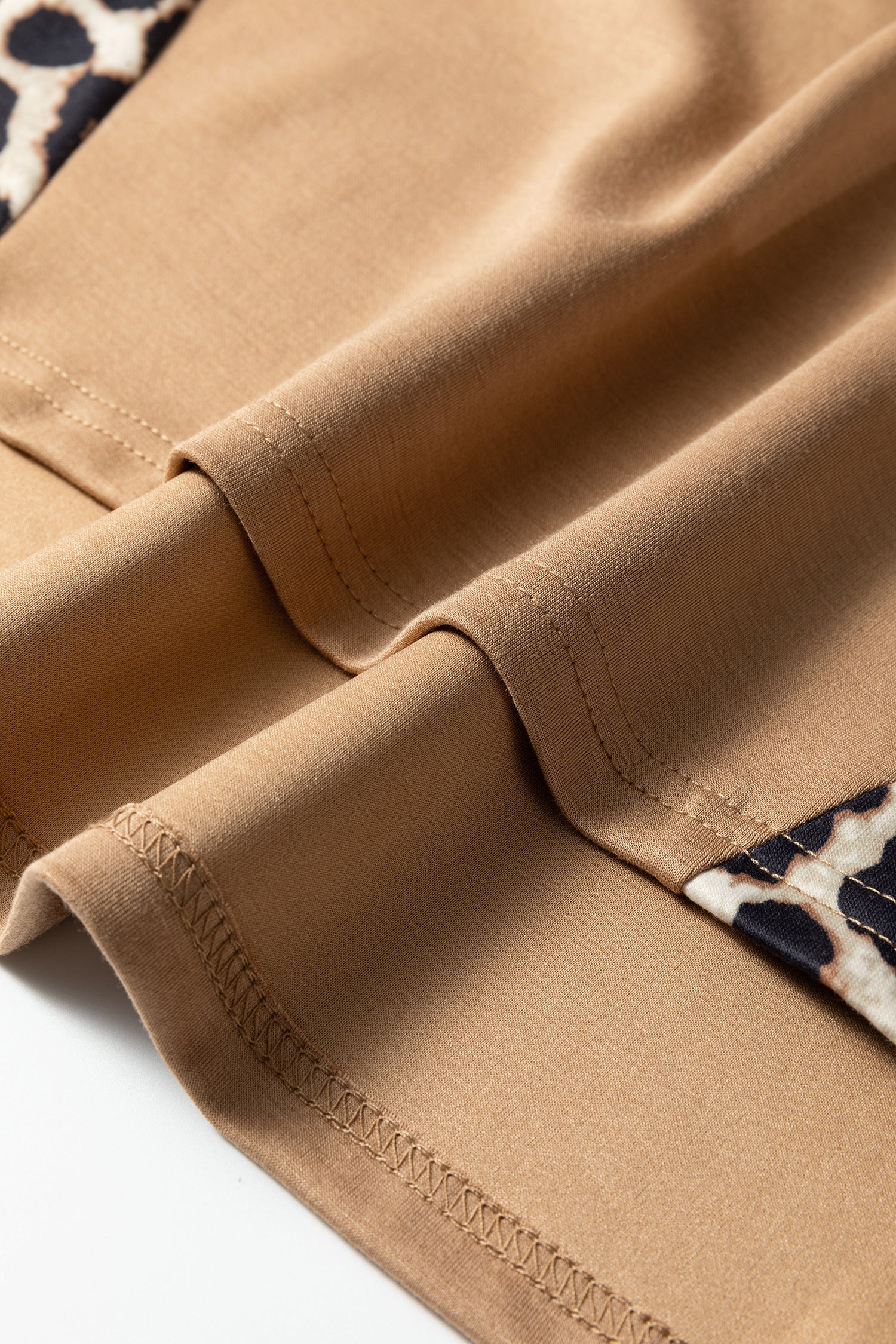 Light French Beige Leopard Trim Round Neck Loose T Shirt