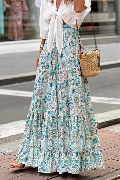 Sky Blue Boho Floral Print Maxi Skirt - L & M Kee, LLC