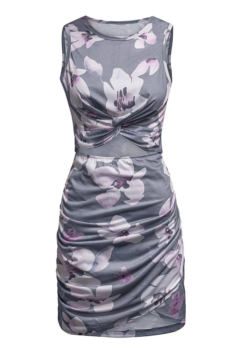 Gray Floral Print Hollow Out Wrap Tie Mini Dress - L & M Kee, LLC