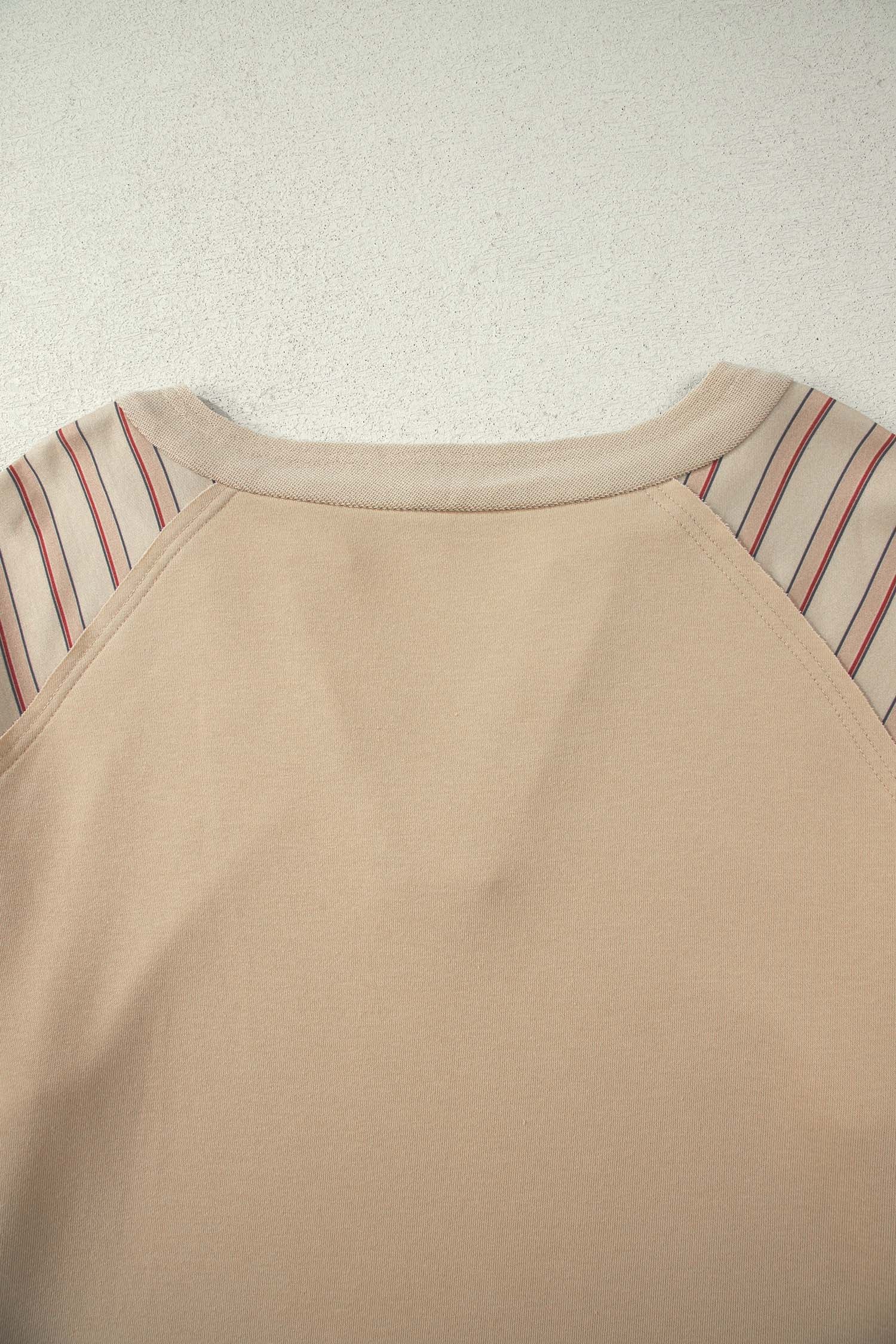 Parchment Striped Raglan Sleeve Notched Neck Raw Edge Plus Size Jumper