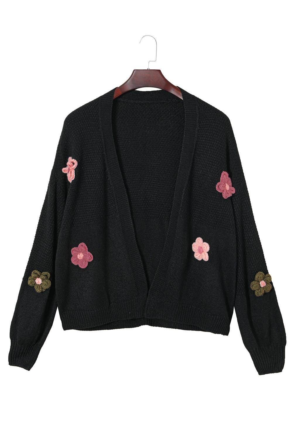 Black Floral Applique Drop Shoulder Bubble Sleeve Cardigan - L & M Kee, LLC