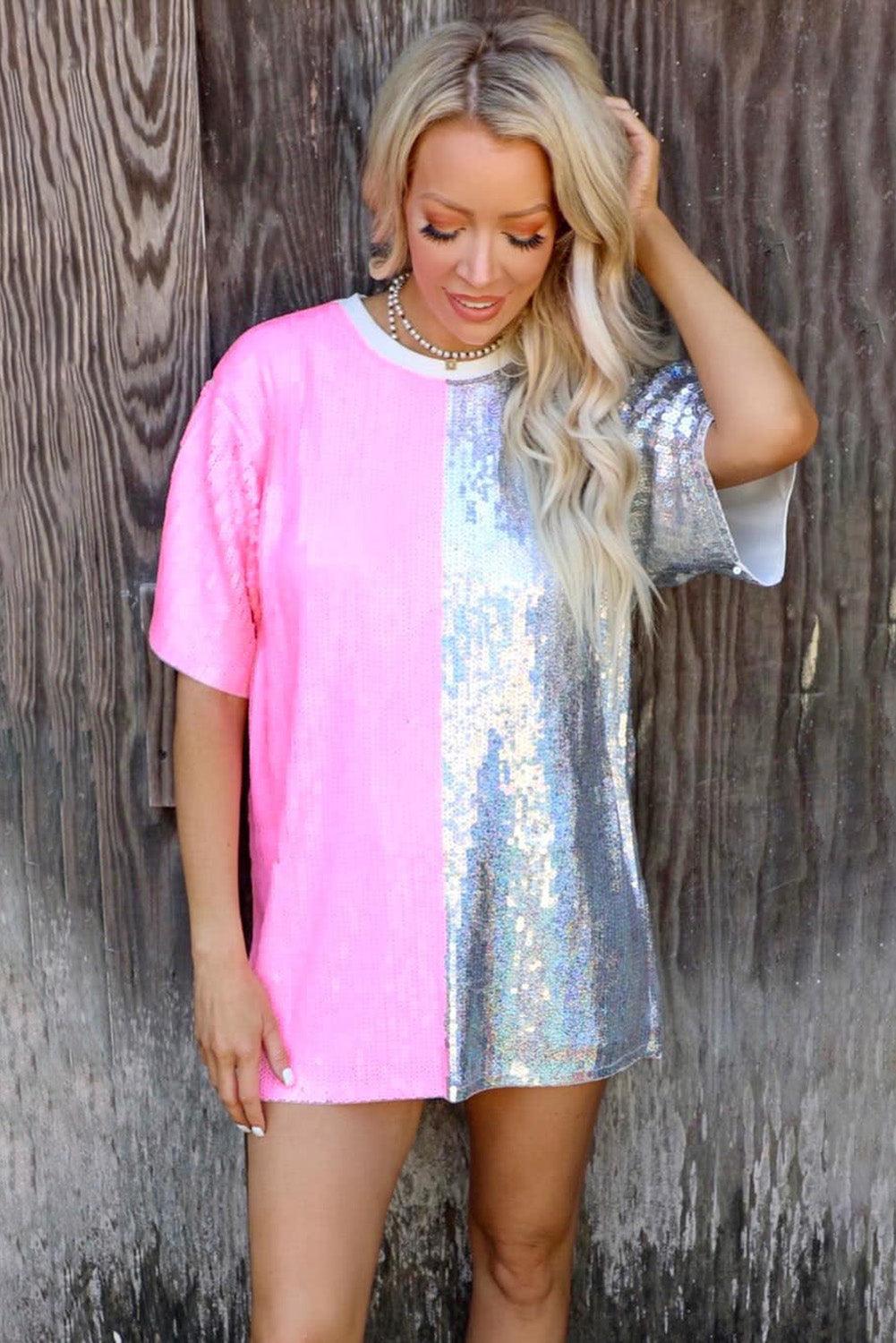 Sequin Color Block Half Sleeve Shift Mini Dress - L & M Kee, LLC