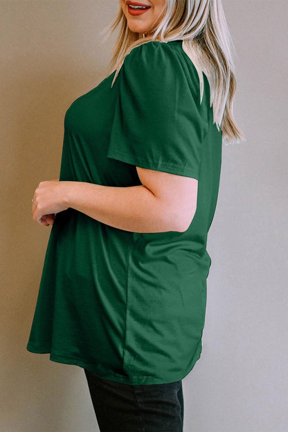 Green Plus Size Square Neck Ruched Shoulder Short Sleeve Top - L & M Kee, LLC