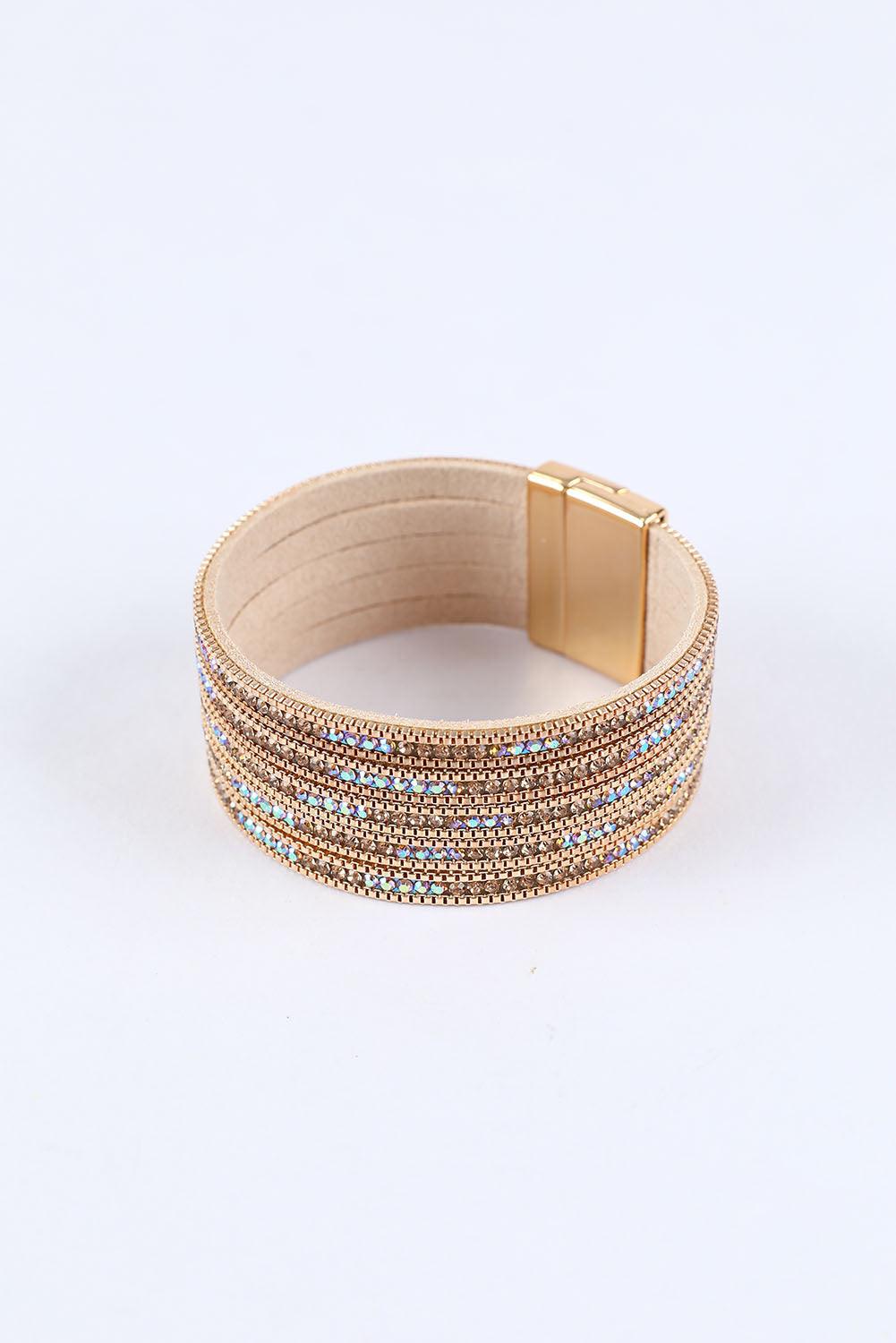 Gold Full Diamond Leather Wide Edge Magnetic Buckle Bracelet - L & M Kee, LLC