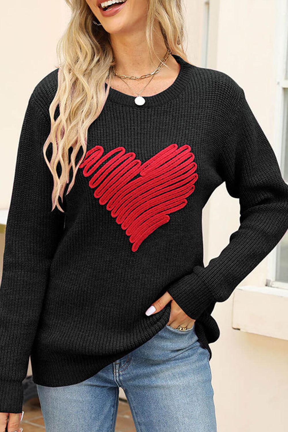 Black Valentines Heart Sketch Round Neck Sweater - L & M Kee, LLC