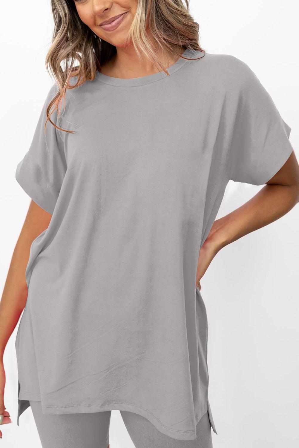 Gray Solid Split Hem Tunic Tee and Tight Shorts Set - L & M Kee, LLC