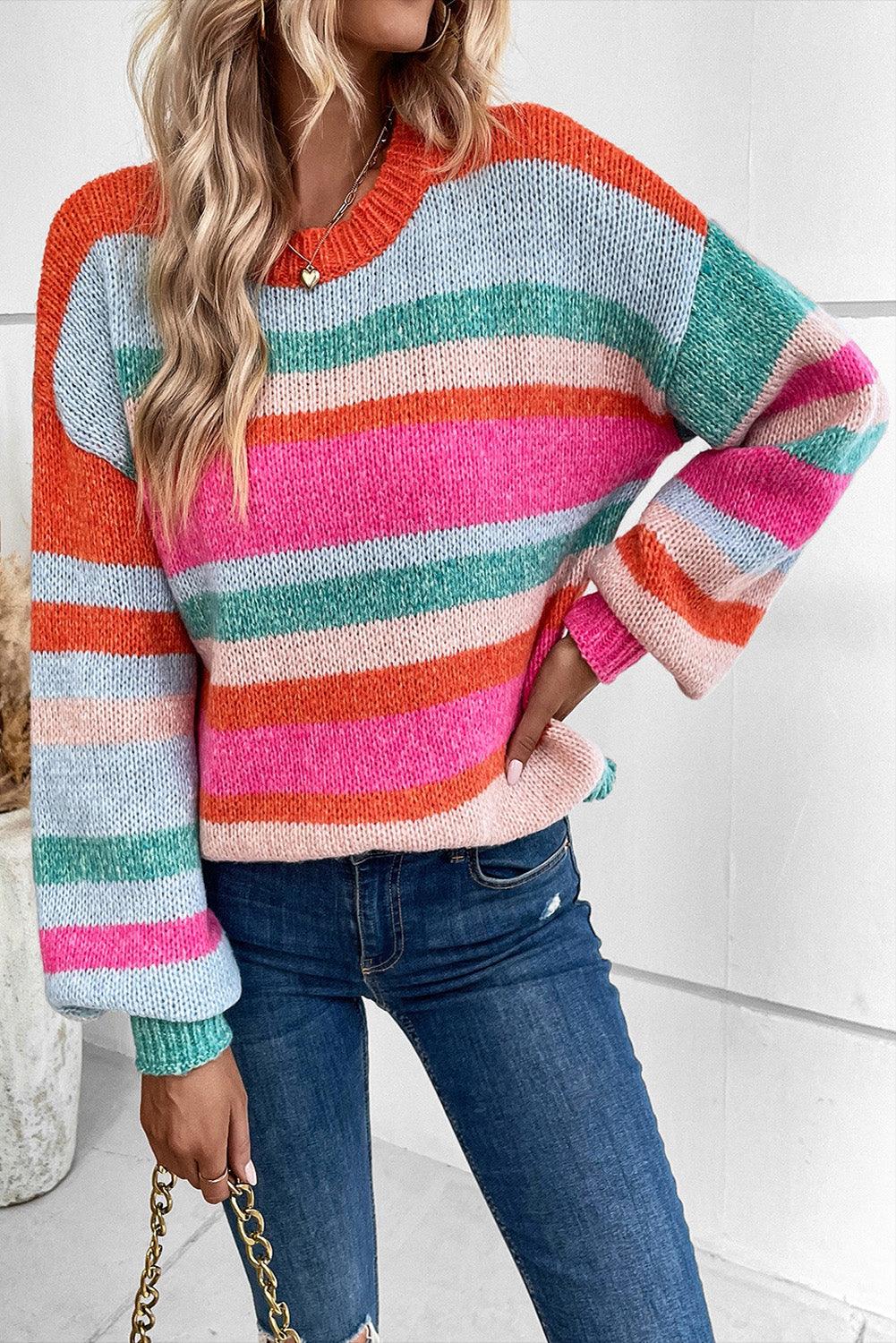 Multicolor Striped Knit Drop Shoulder Puff Sleeve Sweater - L & M Kee, LLC