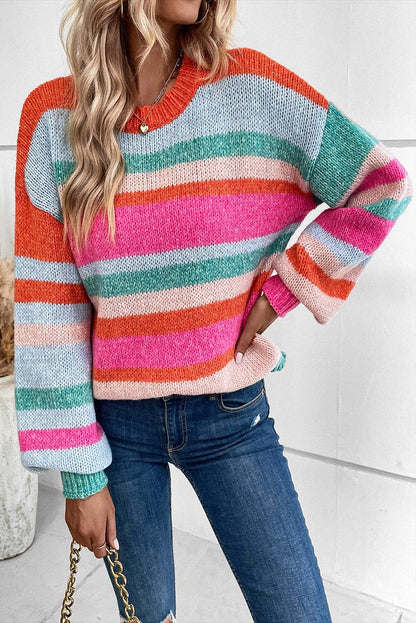 Multicolor Striped Knit Drop Shoulder Puff Sleeve Sweater - L & M Kee, LLC