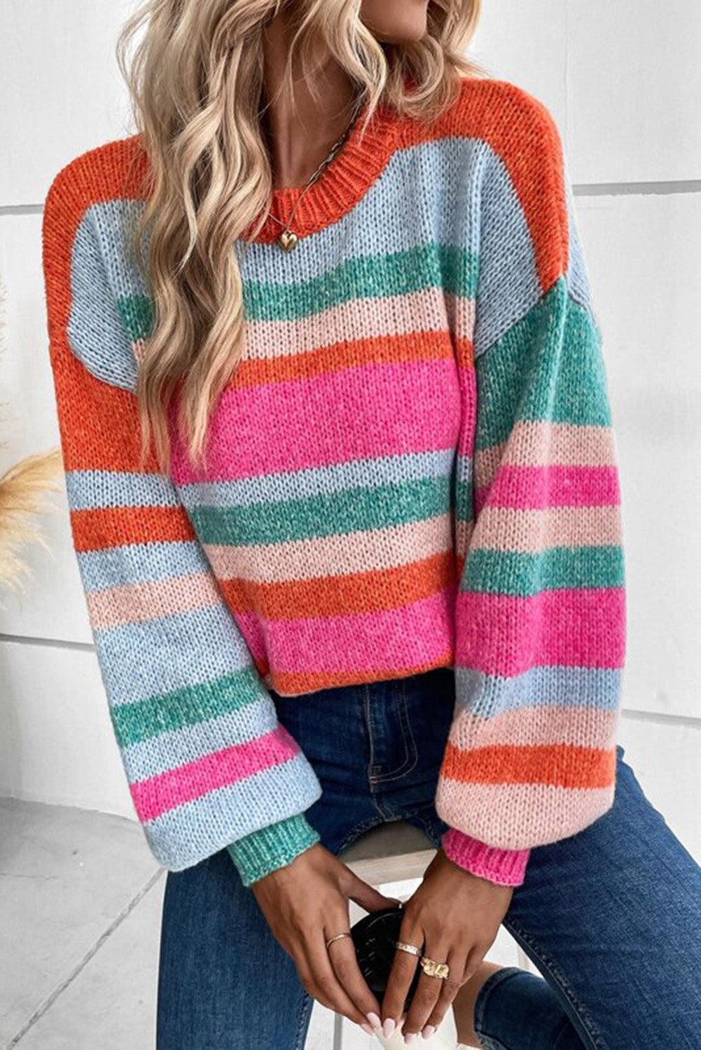 Multicolor Striped Knit Drop Shoulder Puff Sleeve Sweater - L & M Kee, LLC