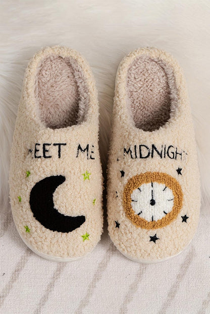 Light Pink Moon & Clock Pattern Fuzzy Home Slippers - L & M Kee, LLC