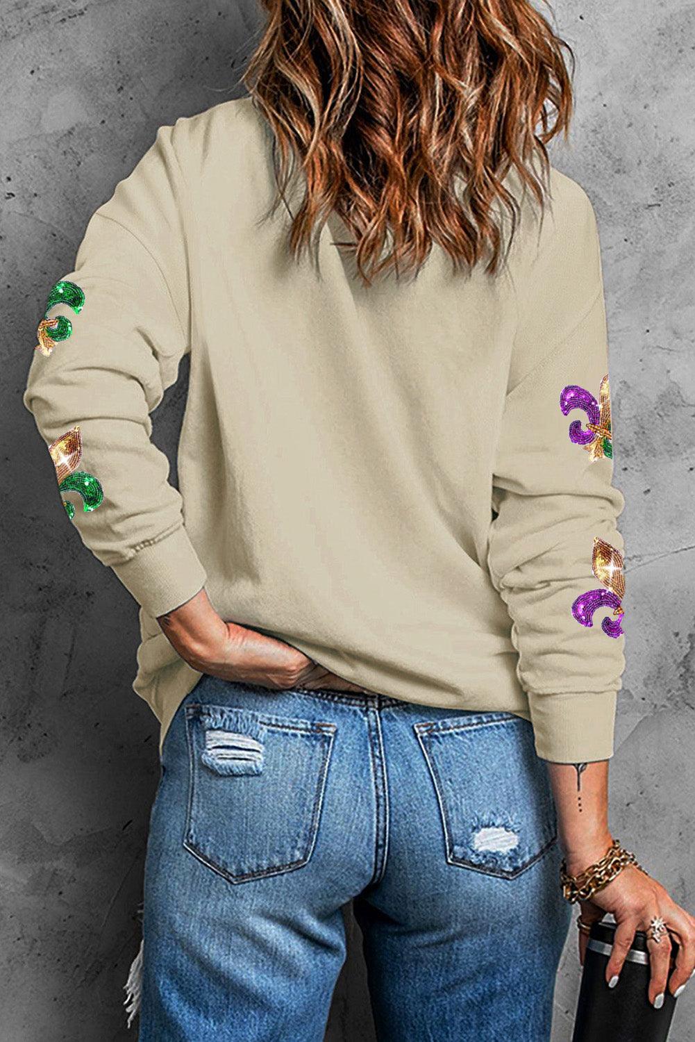 Khaki Sequin Mardi Gras Graphic Pullover Sweatshirt - L & M Kee, LLC