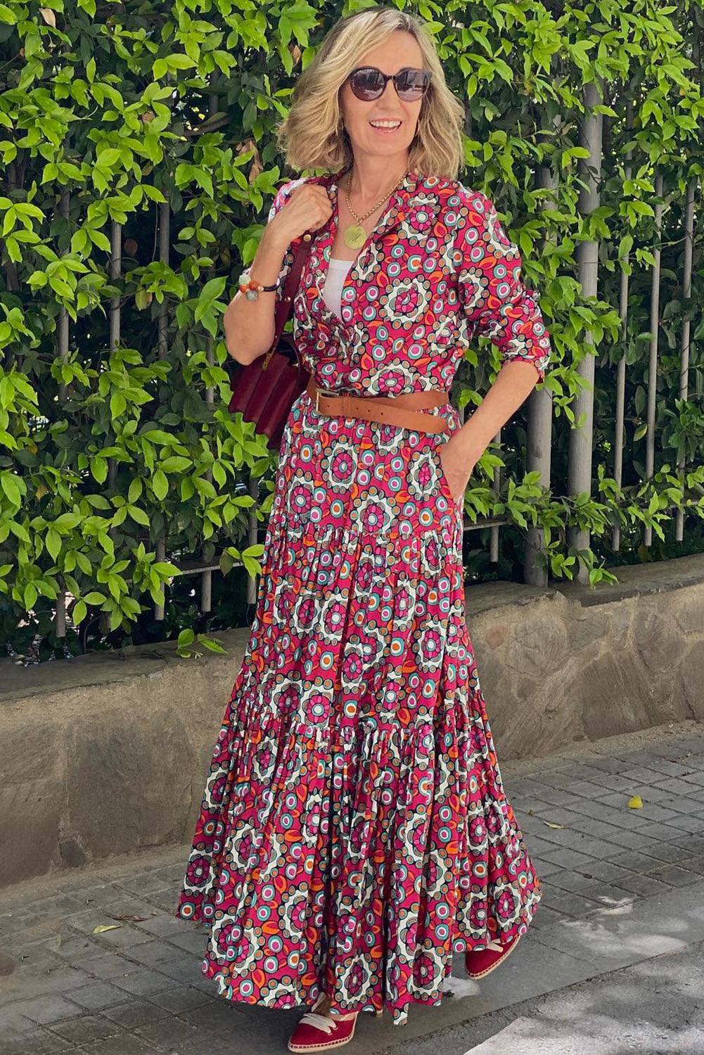 Floral Print Long Sleeve Shirt Bodice Flared Maxi Dress - L & M Kee, LLC