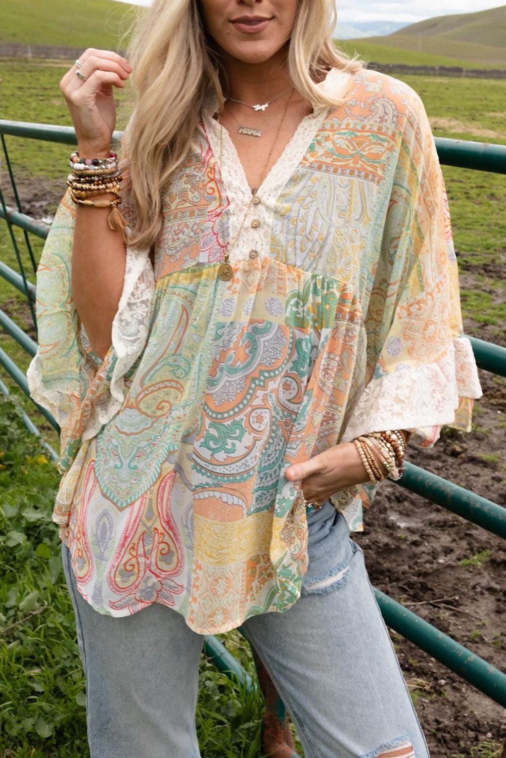 Multicolor Paisley Print Bell Sleeve Lace V-Neck Button Sheer Blouse - L & M Kee, LLC