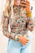 Black Retro Floral Print Mock Neck Mesh Long Sleeve Top