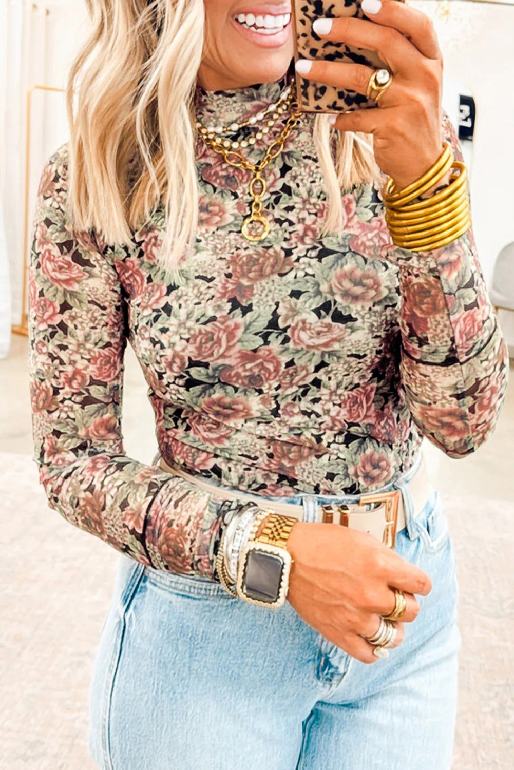 Black Retro Floral Print Mock Neck Mesh Long Sleeve Top