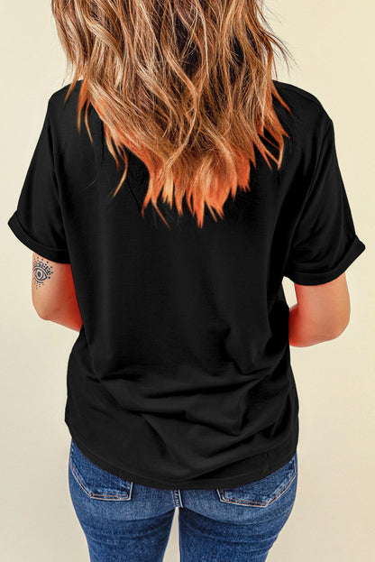 Black Halloween Sequin Pattern Patched Crewneck Tee