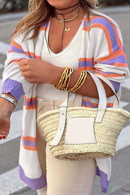 Beige Plus Size Striped Dropped Shoulder Sweater Cardigan - L & M Kee, LLC