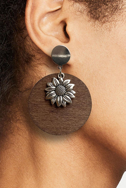 Silvery Retro Sunflower Round Wood Stud Earrings - L & M Kee, LLC