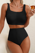 Black Corded Solid Square Neck Bikini Swimsuit