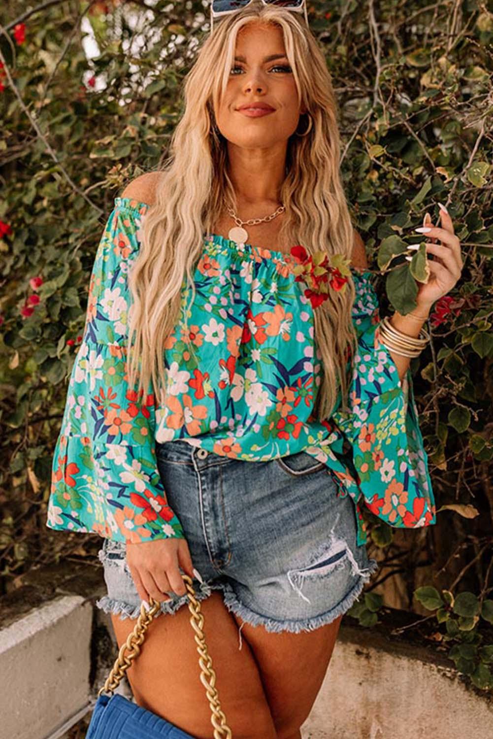 Green Floral Print Frilled Off Shoulder Plus Size Blouse - L & M Kee, LLC